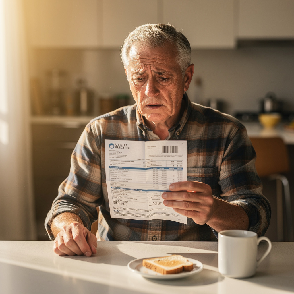 Older homeowner reviewing high utility bill at breakfast table