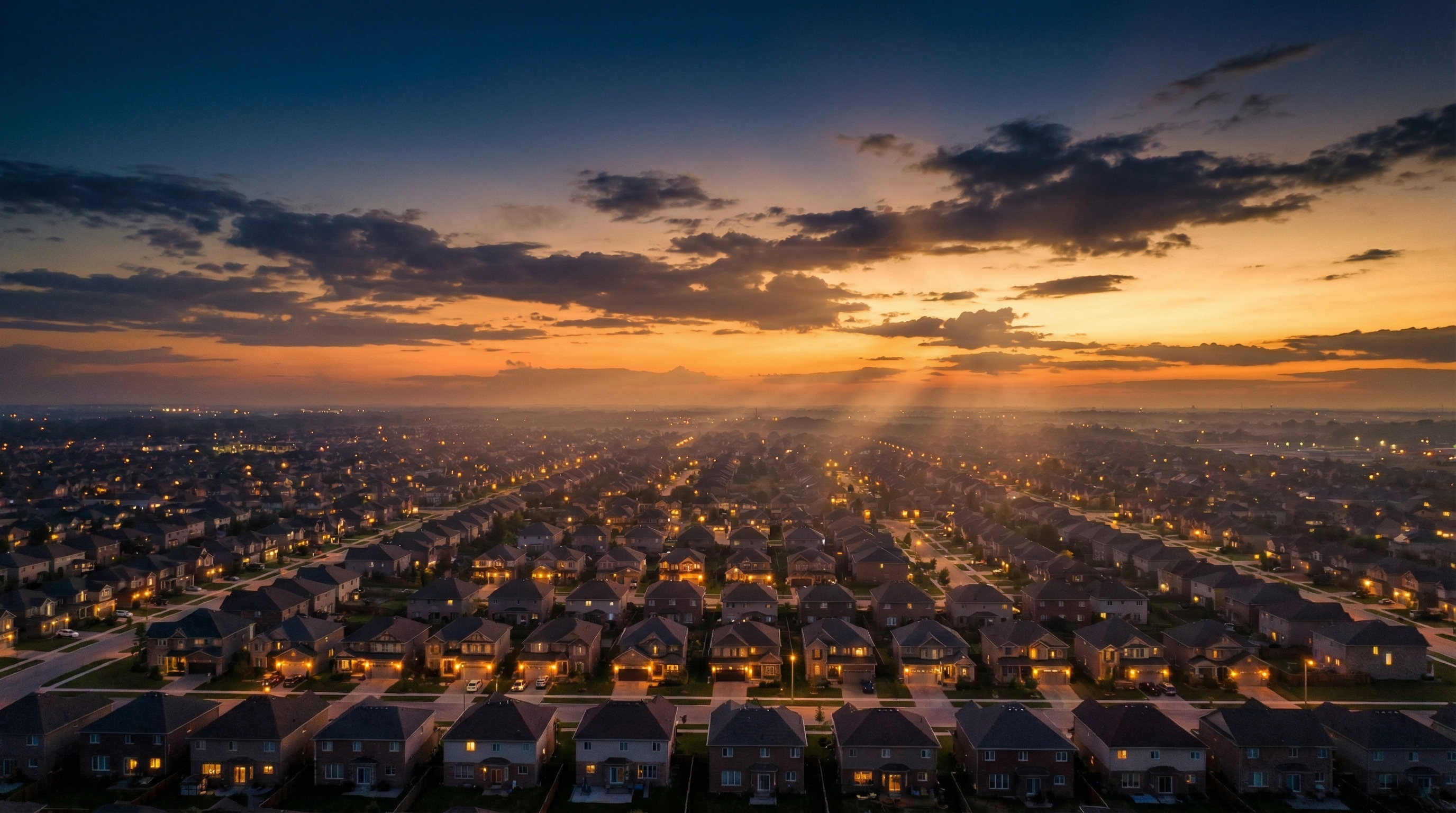 Aerial neighborhood view at dramatic sunset