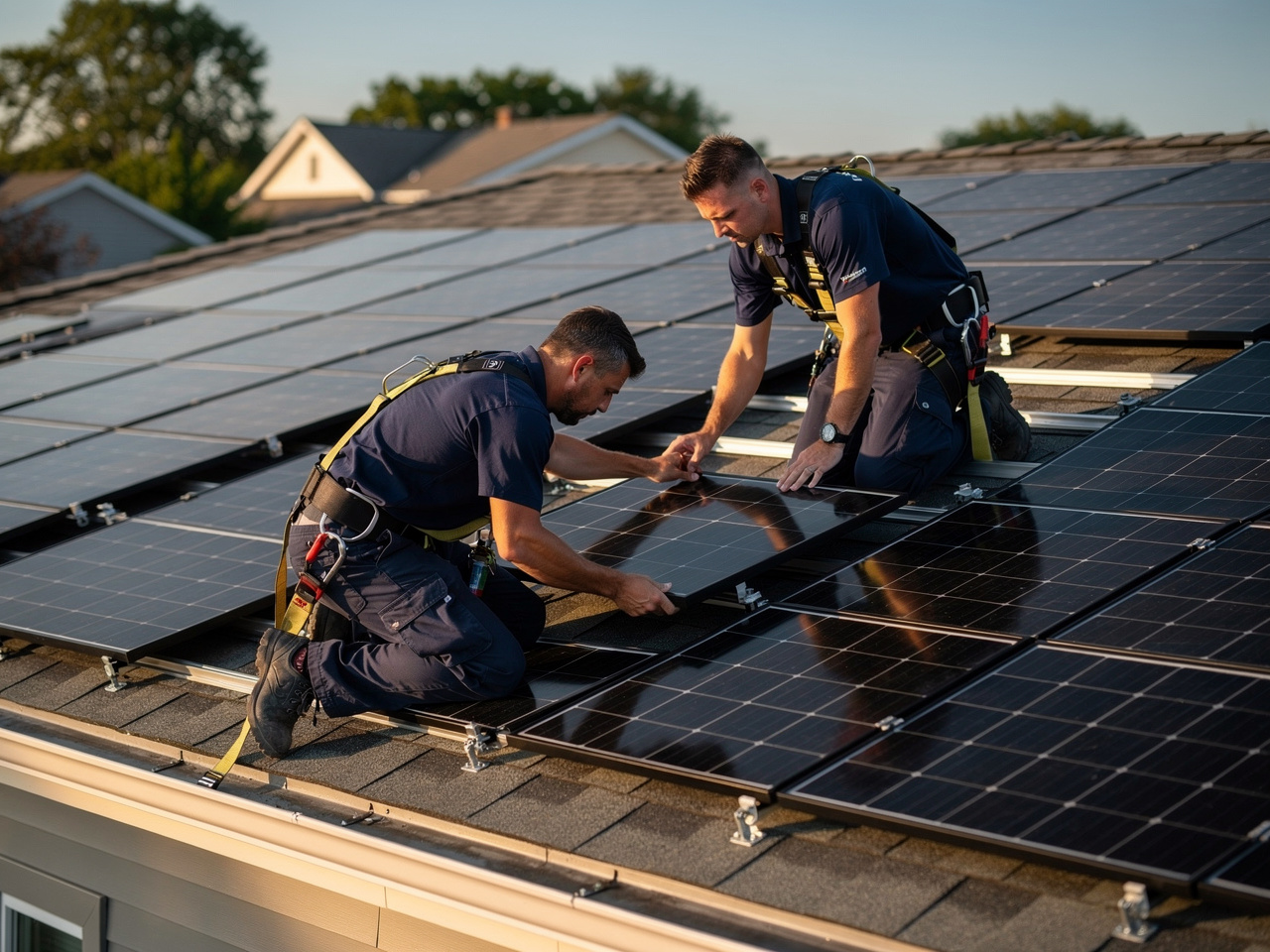Expert solar panel installation aligned to roof slope