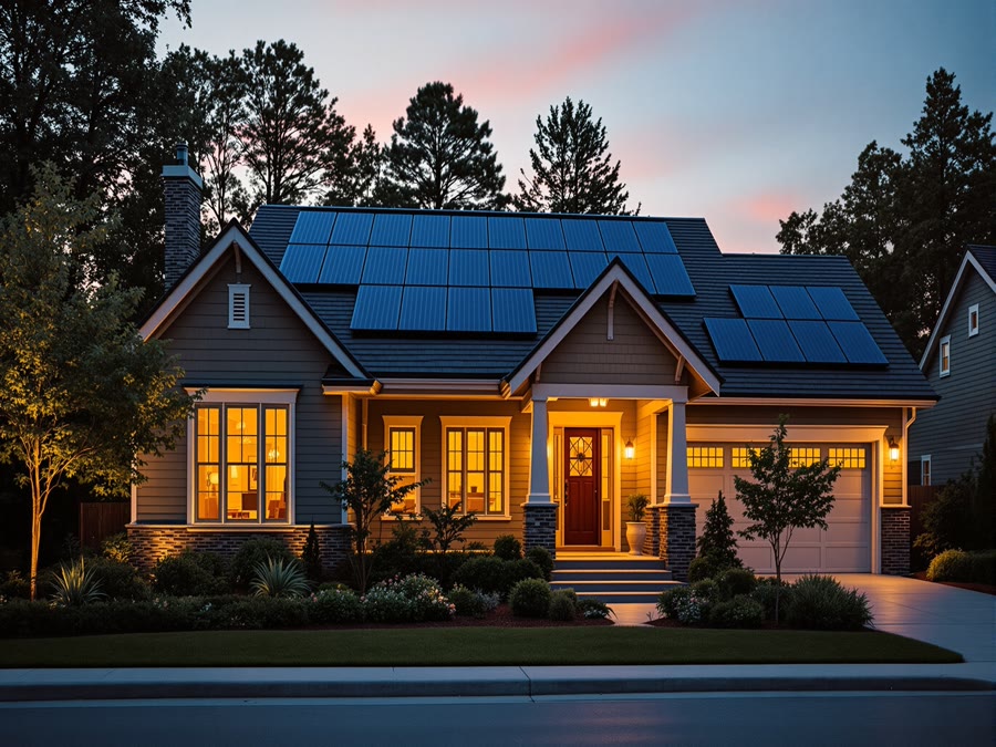 Modern home with solar panels installed on the roof at golden hour in Murphy, TX